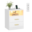 VASAGLE Custos Collection LET629WB01 Table de chevet avec station de charge, éclairage LED, table d'appoint, moderne avec tiroirs, 2 prises secteur et ports USB, blanc nuage