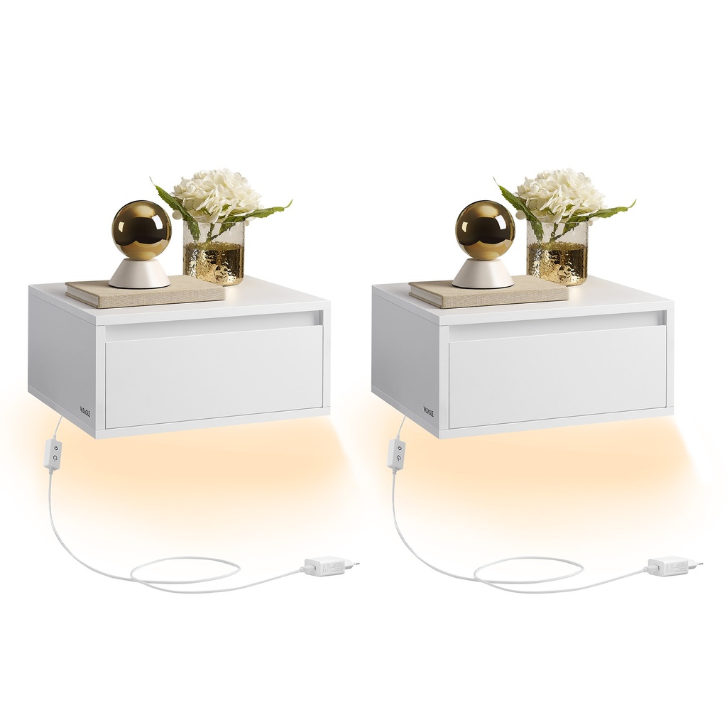 Vasagle Collection Kailyn - Table de chevet suspendue, lot de 2, lumière 3 couleurs, étagère murale flottante, tiroir, 35 x 40 x 18 cm, moderne, salon, chambre à coucher, blanc nuage LET854W01 [Classe énergétique G]
