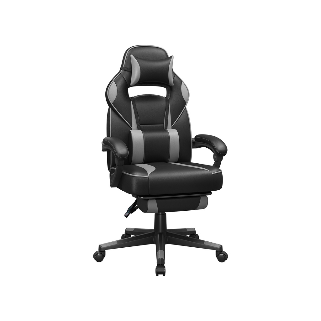 SONGMICS Chaise de bureau avec repose-pieds, chaise de bureau avec appui-tête et coussin lombaire, réglable en hauteur, ergonomique, angle d'inclinaison 90-135°, charge 150 kg noir + gris