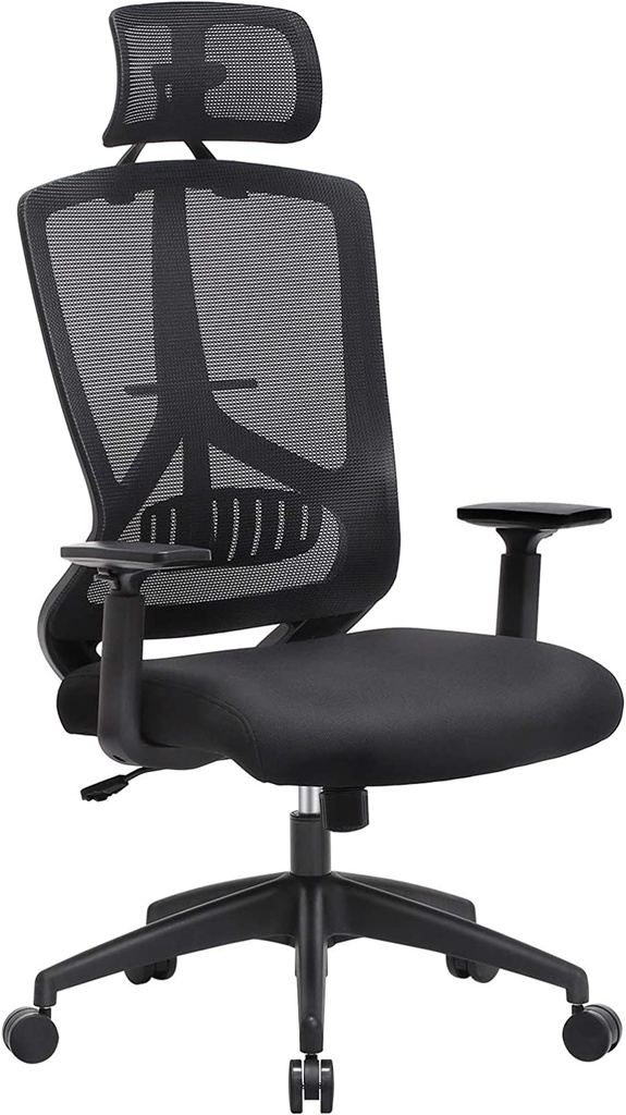 SONGMICS Chaise de bureau ergonomique avec support lombaire, chaise d'ordinateur pivotante avec appui-tête et accoudoirs réglables, fonction berçante et réglage de la hauteur, noir OBN53BK