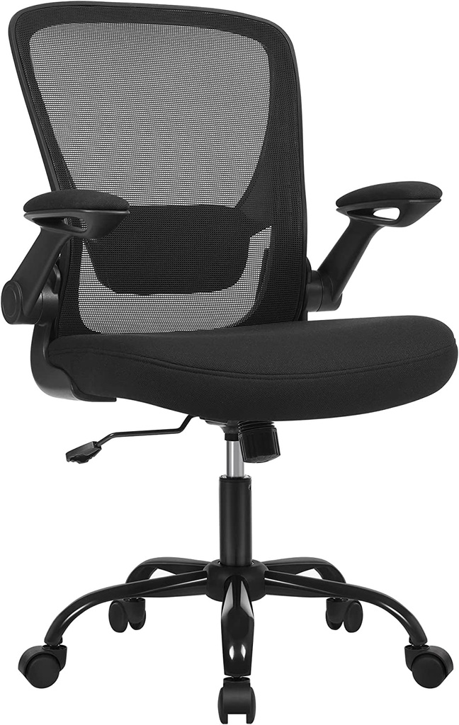 SONGMICS Chaise de bureau, chaise de bureau, chaise pivotante en maille, chaise d'ordinateur ergonomique, support lombaire, oscillante, assise 53 cm, accoudoirs rabattables, noir OBN37BKV1