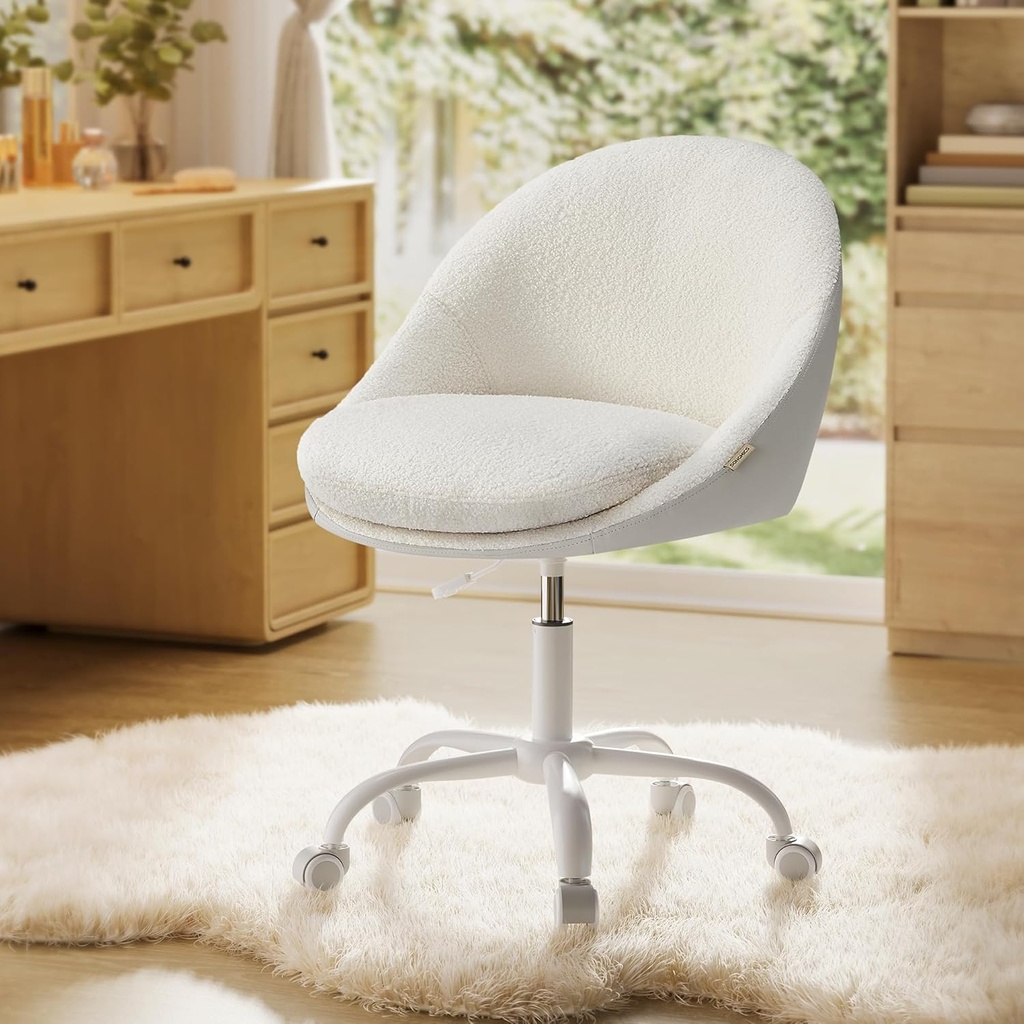 SONGMICS Fauteuil de maquillage Sherpa pour bureau, chaise de bureau, rembourrage en mousse, hauteur réglable, pour bureau, chambre à coucher, beige cappuccino/blanc nuage OBG020W01