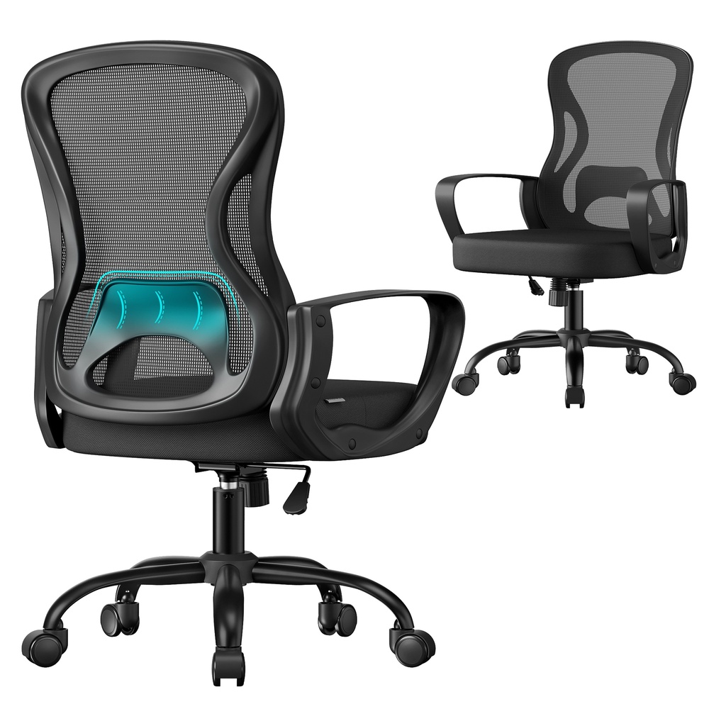 SONGMICS Chaise de Bureau Ergonomique, Chaise de Bureau Pivotante en Maille avec Support Lombaire, Accoudoir, Bureau et Chambre, Encre Noire OBN043BH02