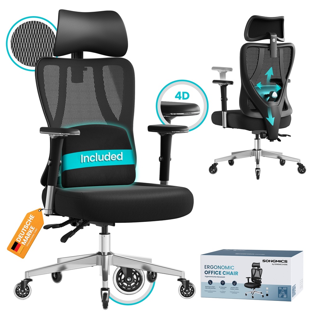 SONGMICS Chaise de bureau ergonomique, chaise de bureau réglable en hauteur, chaise de jeu avec support lombaire réglable, appui-tête, accoudoirs, dossier inclinable, charges 150 kg, noir encre OBN067BH02