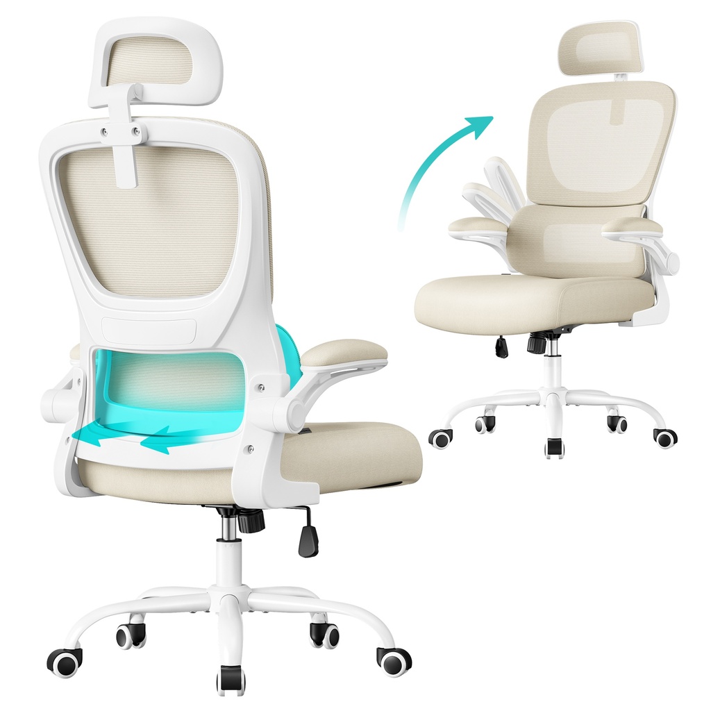 SONGMICS Chaise de bureau ergonomique en maille pour bureau, avec tissu en maille respirante double couche, soutien lombaire dynamique, appui-tête réglable, pour bureau à domicile, beige sable OBN041L01