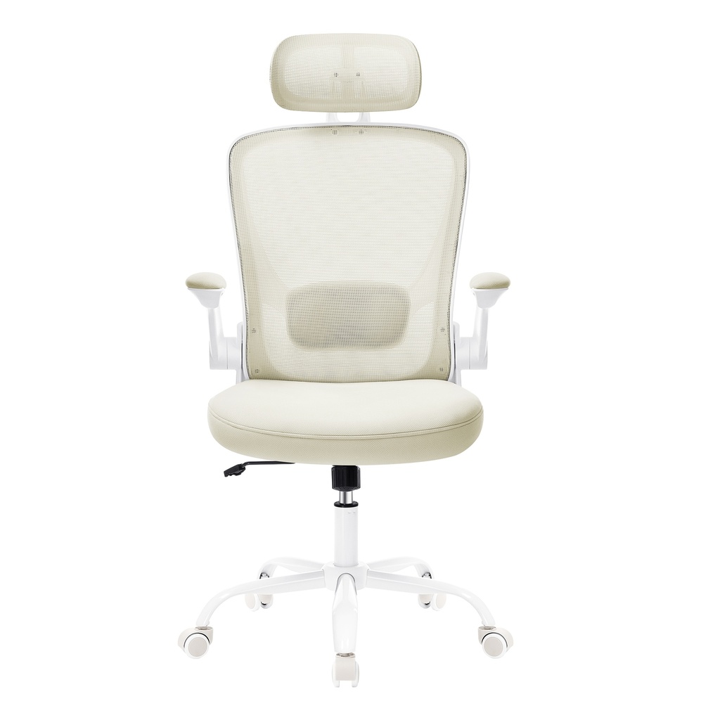 Chaise de bureau en maille, chaise pivotante ergonomique avec support lombaire et tête, accoudoirs rabattables, fonction d'inclinaison, beige