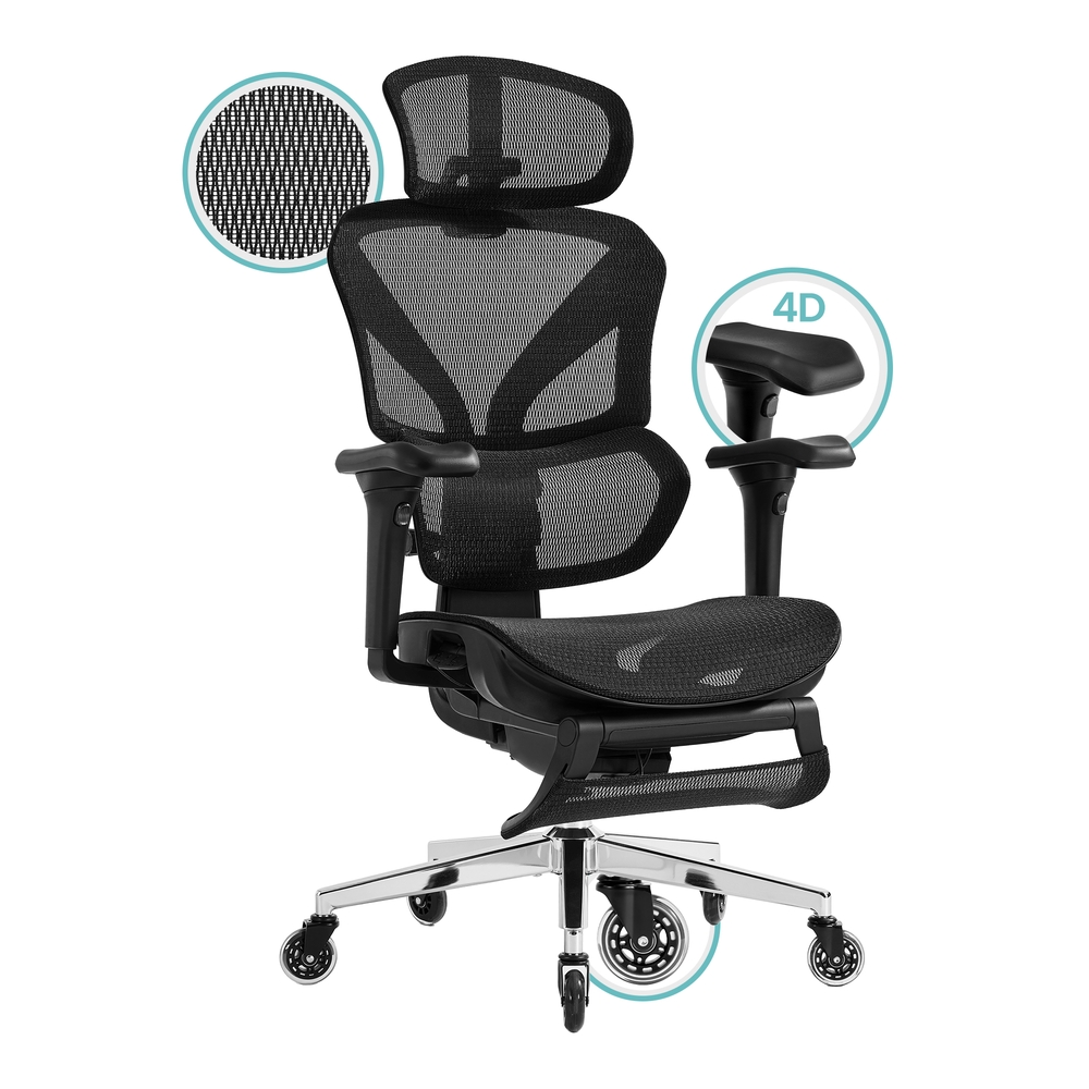 SONGMICS Ergonomic Office Chair, Office Chair with Double Backrest, 3D Headrest, Lumbar Support, 4D Armrests, for Home Office, up to 150 kg, for 160–200 cm, Ink Black