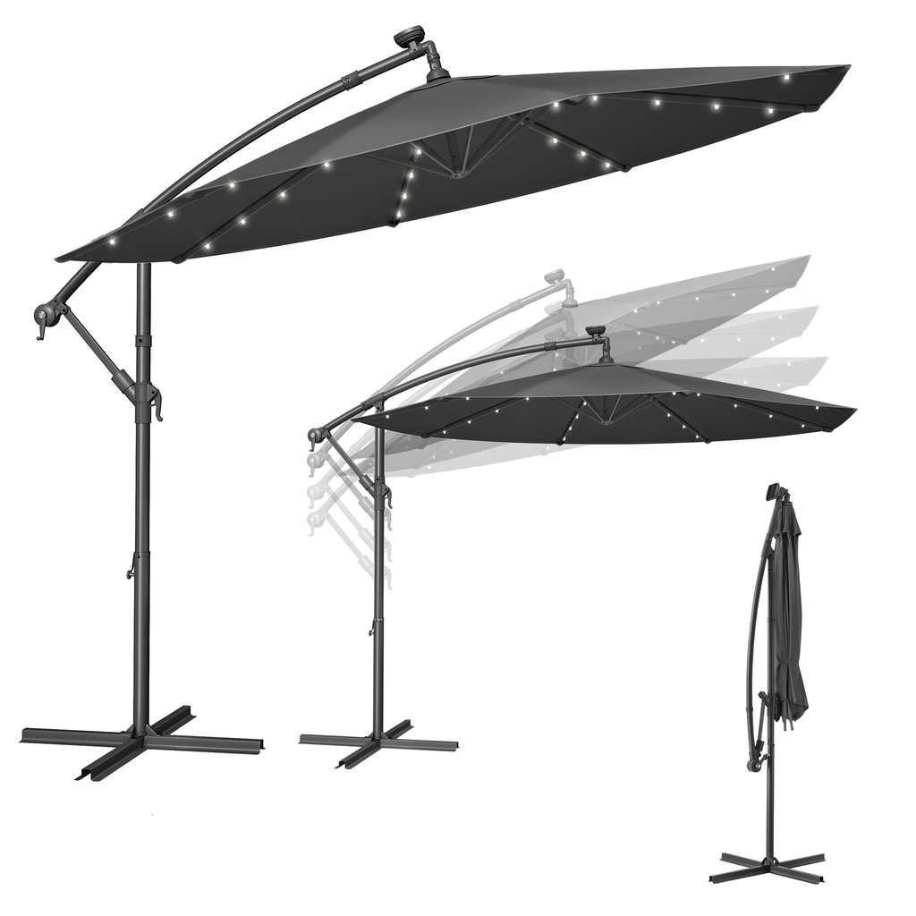 [GPU118G01V1] SONGMICS Parasol de Jardin Déporté avec Lampes LED à Alimentation Solaire, Parasol Banane de 3 m avec Base, Manivelle d'Ouverture et Fermeture, Parasol avec Protection UPF 50+, Gris GPU118G01