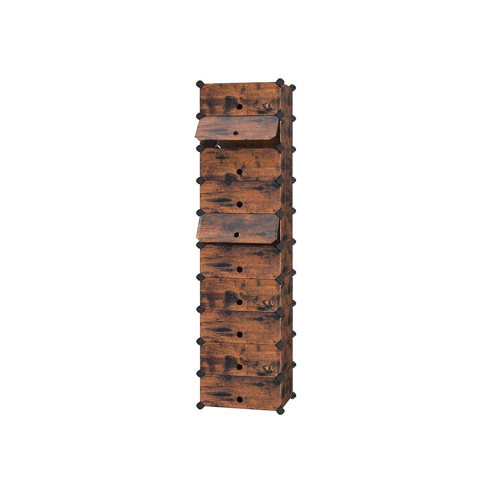 SONGMICS Étagère à chaussures emboîtable, organisateur de rangement rectangulaire, étagère de rangement modulaire à 10 emplacements, 40 x 30 x 17 cm pour chaque emplacement, armoire en plastique avec portes, marron rustique LPC010A01