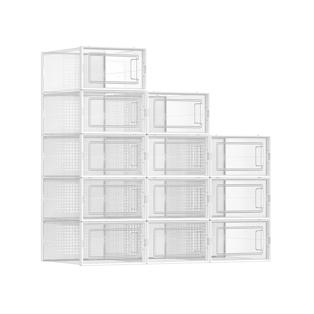 SONGMICS Boîtes à Chaussures, Lot de 12 Organisateurs de Rangement pour Chaussures Empilables, Pliables et Polyvalentes pour Baskets, Convient jusqu'à la Taille UK 10,5, Transparent et Blanc LSP12SWT