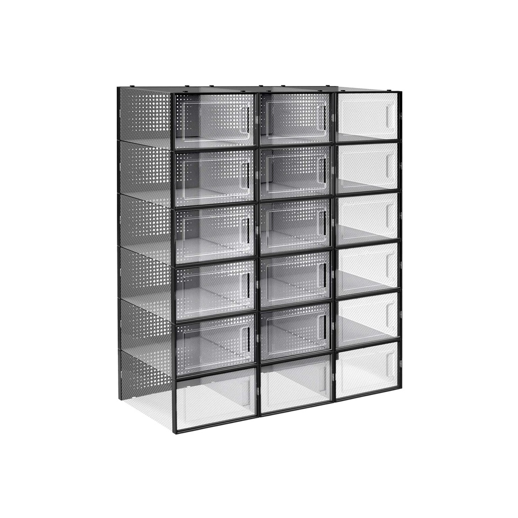 SONGMICS Shoe Boxes, Pack of 18 Stackable Shoe Storage Organisers, Foldable and Versatile for Sneakers, Fit up to UK Size 10.5, Transparent and Black LSP18SBKV1