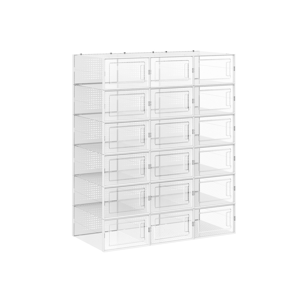 SONGMICS Boîtes à Chaussures, Lot de 18 Organisateurs de Rangement pour Chaussures Empilables, Pliables et Polyvalentes pour Baskets, Convient jusqu'à la Taille UK 10,5, Transparent et Blanc LSP18SWT
