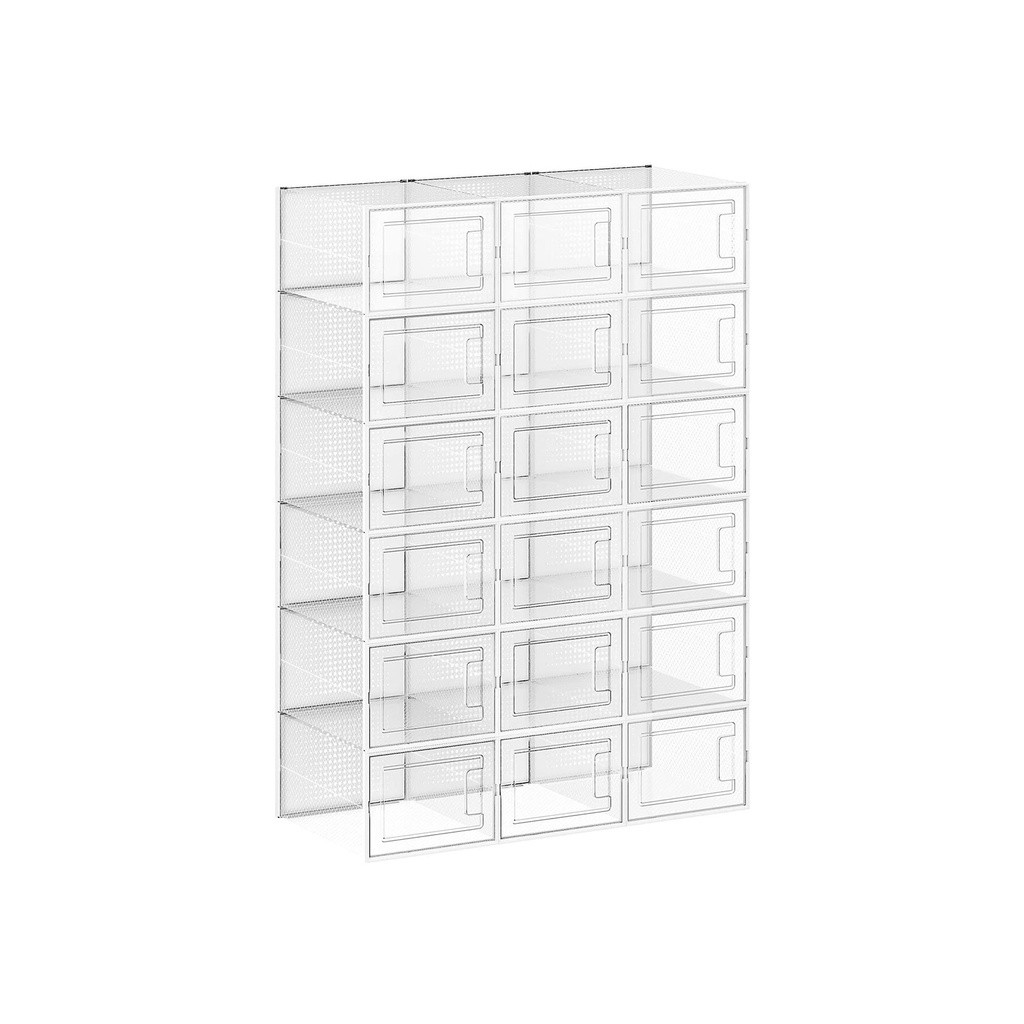 SONGMICS Boîtes à Chaussures, Lot de 18 Organisateurs de Rangement pour Chaussures Empilables, Pliables et Polyvalentes pour Baskets, Convient jusqu'à la Taille 36, Transparent et Blanc LSP18MWT
