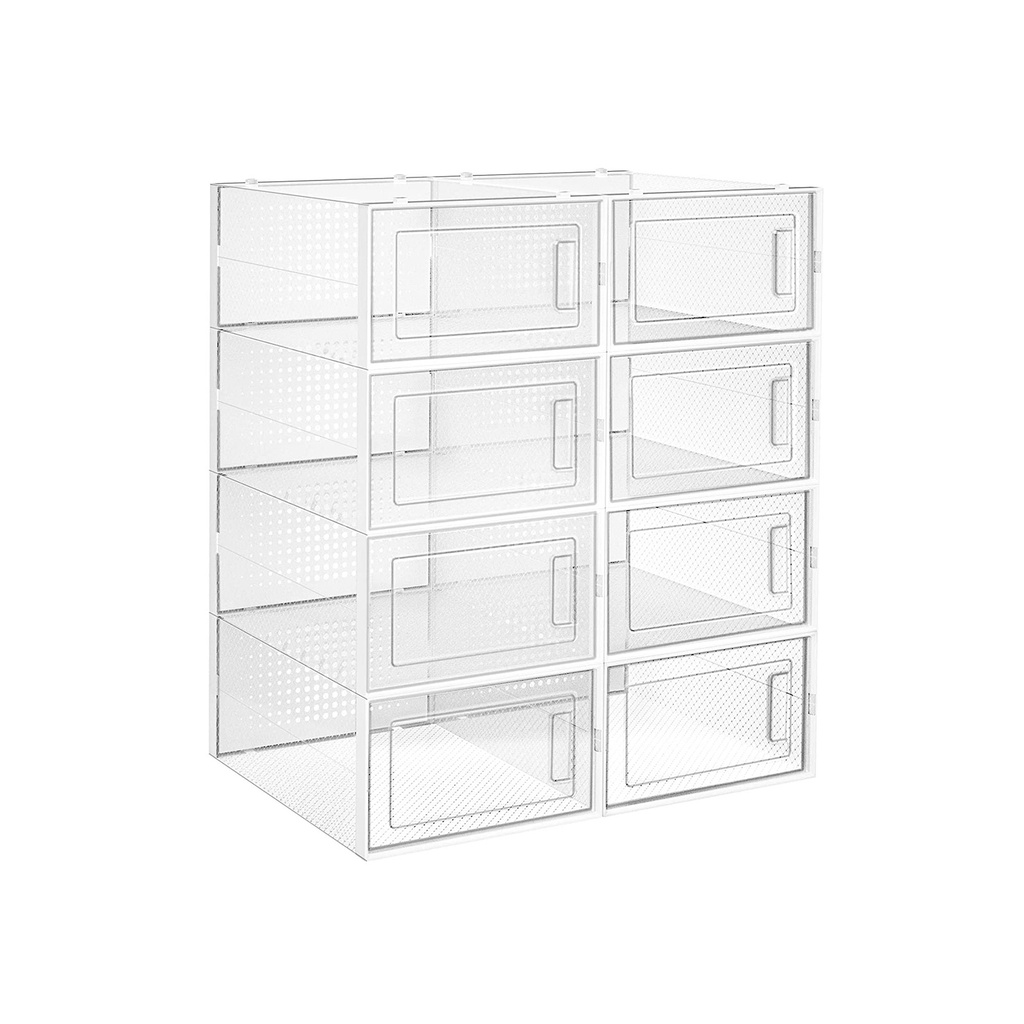 SONGMICS Boîtes à Chaussures, Pack de 8 Organisateurs de Rangement de Chaussures Empilables, Pliables et Polyvalentes pour Baskets, Convient jusqu'à la Taille UK 10,5, Transparent et Blanc LSP08SWT