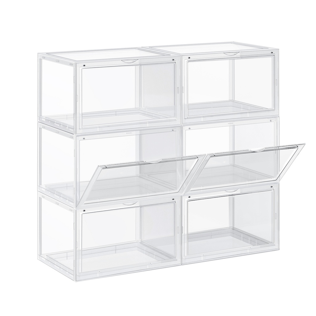 SONGMICS Boîtes à Chaussures, Lot de 6 Organisateurs de Chaussures Empilables avec Porte Transparente, Rangement à Chaussures en Plastique pour Taille UK 11, 36 x 28 x 22 cm, Transparent LSP06CW