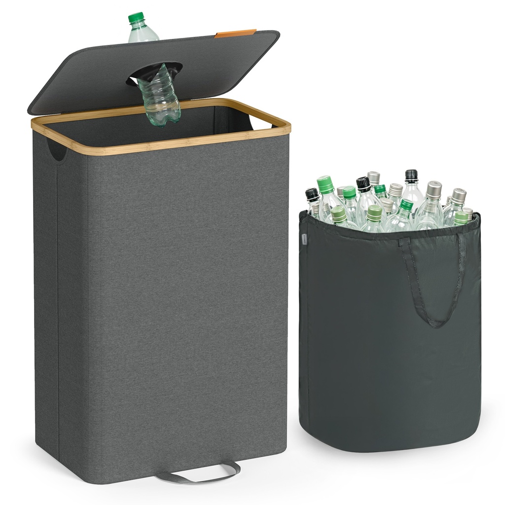 Poubelle de recyclage SONGMICS pour cuisine 26 gallons. Conteneur de recyclage de bouteilles, poubelle de collecte, pour métal, plastique, papier, verre, sac intérieur avec poignées, cuisine, gris ardoise et beige naturel URRB509G01