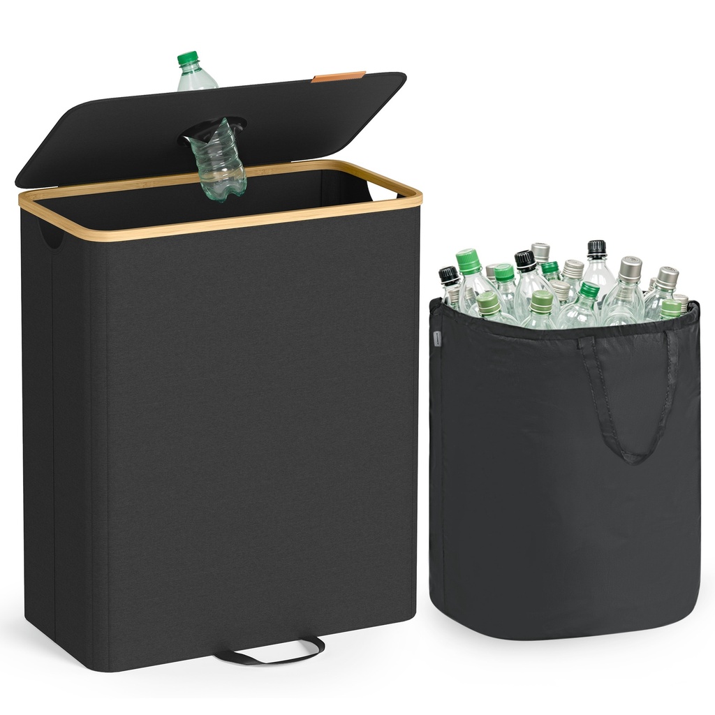 SONGMICS Poubelle de collecte de bouteilles, conteneur de consigne de 135 L, collecteur de bouteilles pour bouteilles vides, poubelle de recyclage, avec trou, couvercle, sac intérieur avec poignées, noir encre et beige naturel RRB513B01