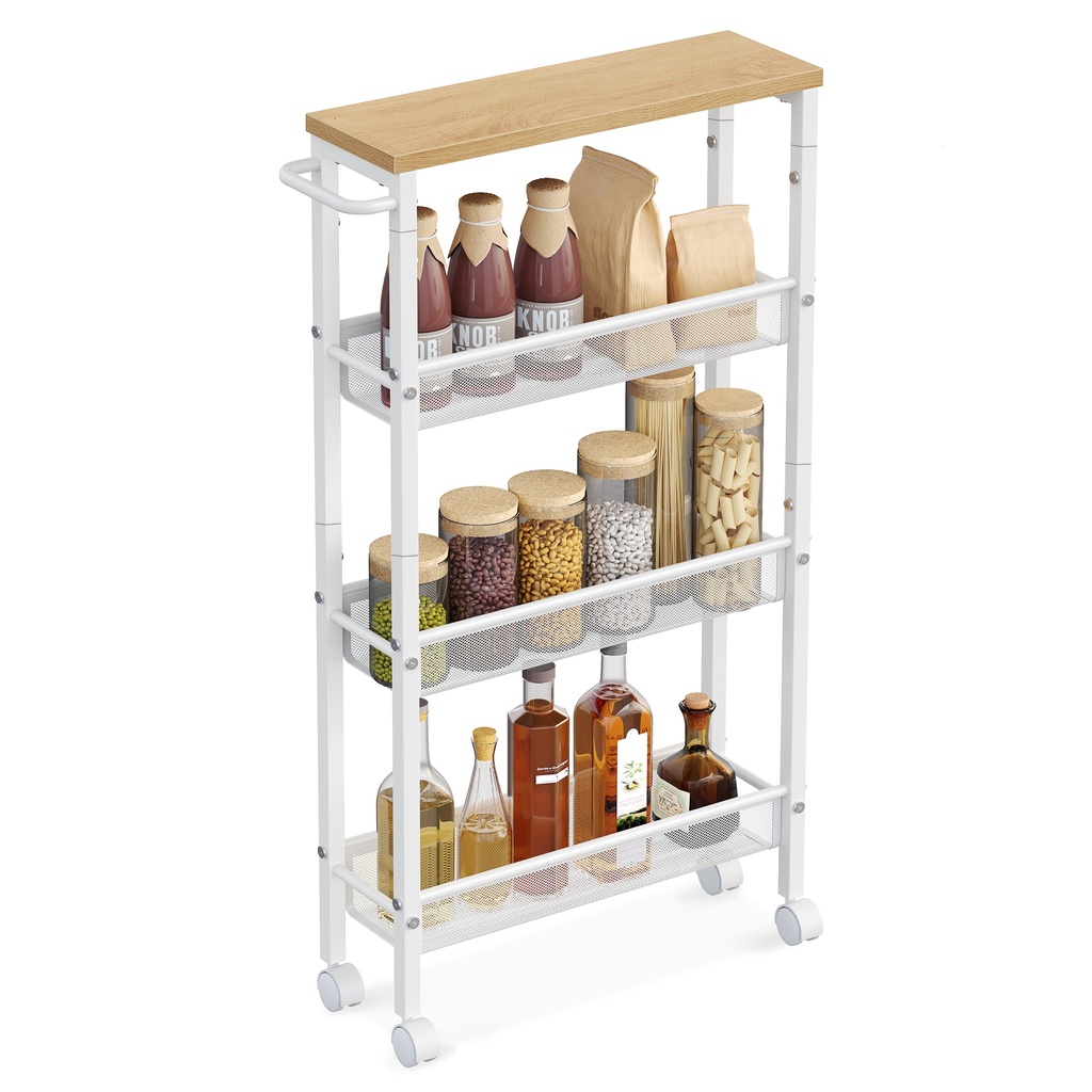 VASAGLE Chariot de cuisine, desserte à 4 niveaux sur roulettes, structure en acier avec poignée, blanc KSC10WT