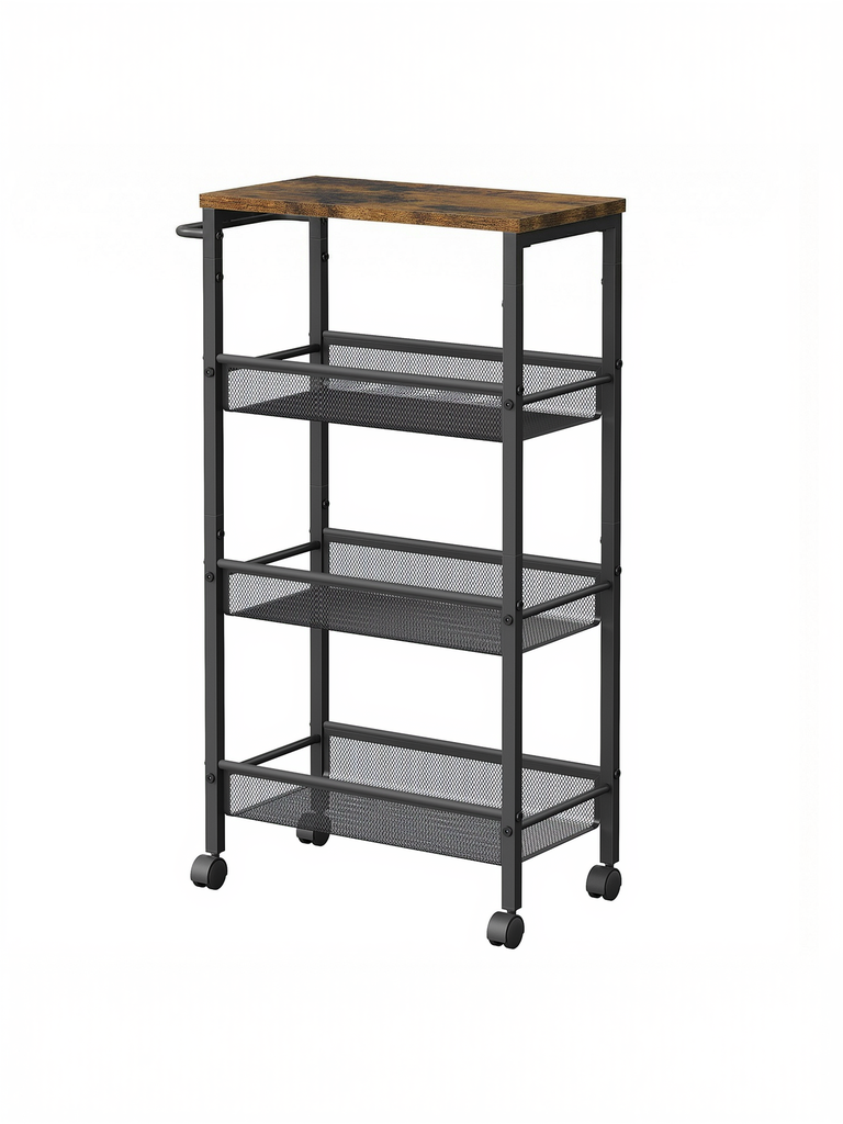 VASAGLE Chariot de Cuisine 4 Niveaux, Chariot de Cuisine Peu encombrant avec Roulettes, Profondeur 22 cm, Structure en Acier, Poignée, Chariot pour Petits Espaces, Cuisine Salle de Bain Salon Studio, Marron Rustique et Noir LRC033B01