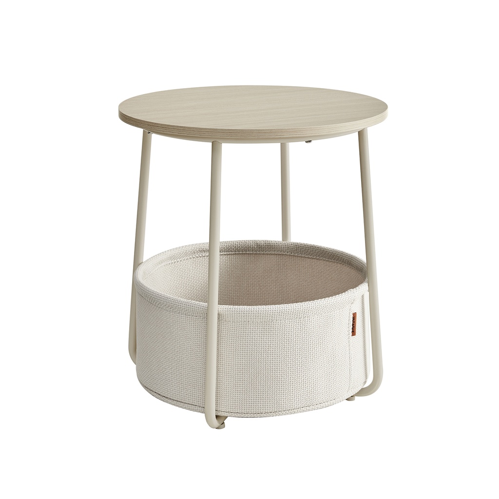 [LET223K67] VASAGLE Petite Table Basse Ronde, Table d'Appoint avec Panier en Tissu, Rangement pour Salon, Chambre, Table de Chevet, Style Moderne, Blanc Crème LET223K67