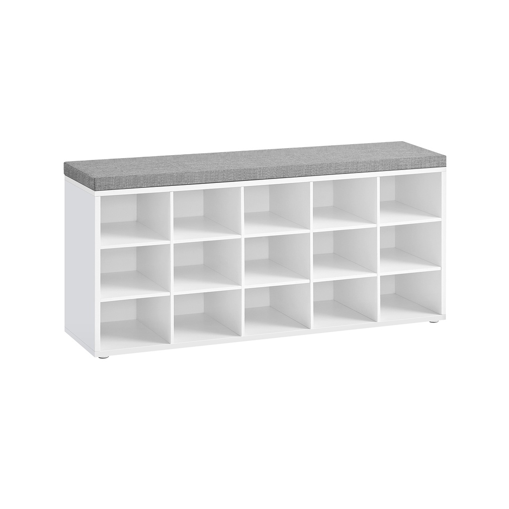 VASAGLE LHS15WT Banc à Chaussures Banc à Chaussures avec Assise avec Coussin et 15 Compartiments de Rangement pour Couloir Capacité jusqu'à 200 kg Blanc Gris