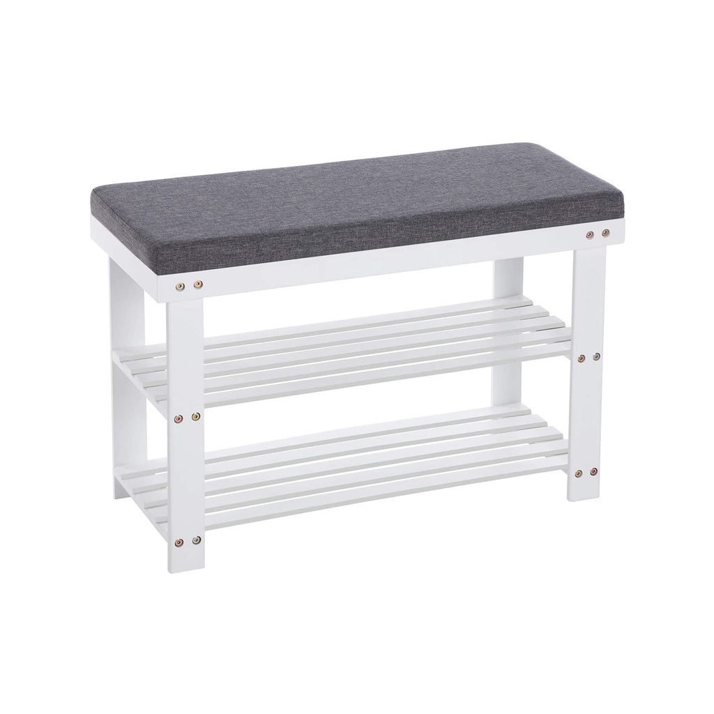 SONGMICS Banc à chaussures en bambou, étagère à chaussures à 2 niveaux, organisateur de chaussures stable pour entrée, salon, banquette pouvant supporter jusqu'à 150 kg, 71 x 29 x 49 cm, blanc et gris LBS604W01