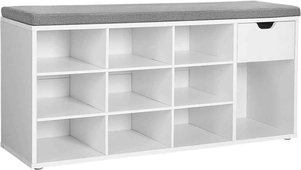 VASAGLE Banc à Chaussures, Banc de Rangement avec 2 Compartiments Ouverts et 1 Fermé, Étagère à Chaussures, Siège Rembourré, pour Entrée, Salon, Chambre, Blanc et Gris LHS021W01