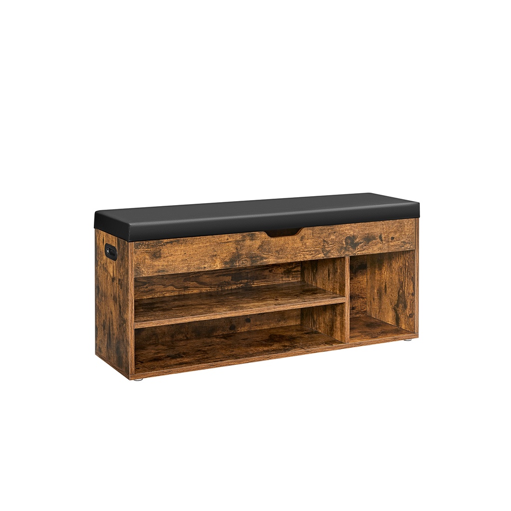 VASAGLE Banc à Chaussures avec Coussin, Banc de Rangement avec Assise Rembourrée, 3 Compartiments, Rangement Caché, Etagères, Salon Salon Couloir Chambre, Capacité de Charge 150 kg, Marron Rustique