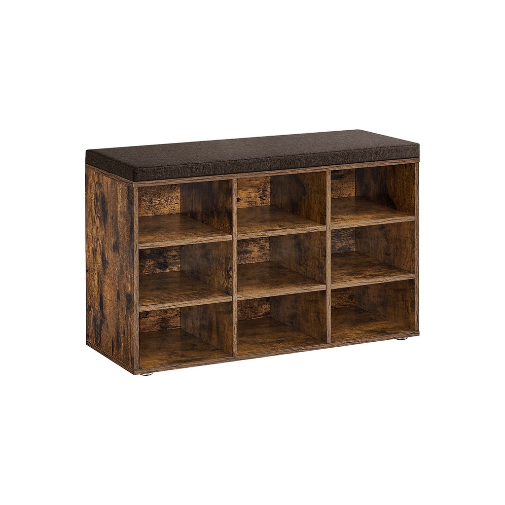 VASAGLE Banc à Chaussures, Banc de Rangement avec Assise Rembourrée, avec Coussin, 9 Compartiments, Etagères Réglables, pour Salon, Couloir, 30,3 x 78,5 x 48 cm, Marron Rustique LHS009B01