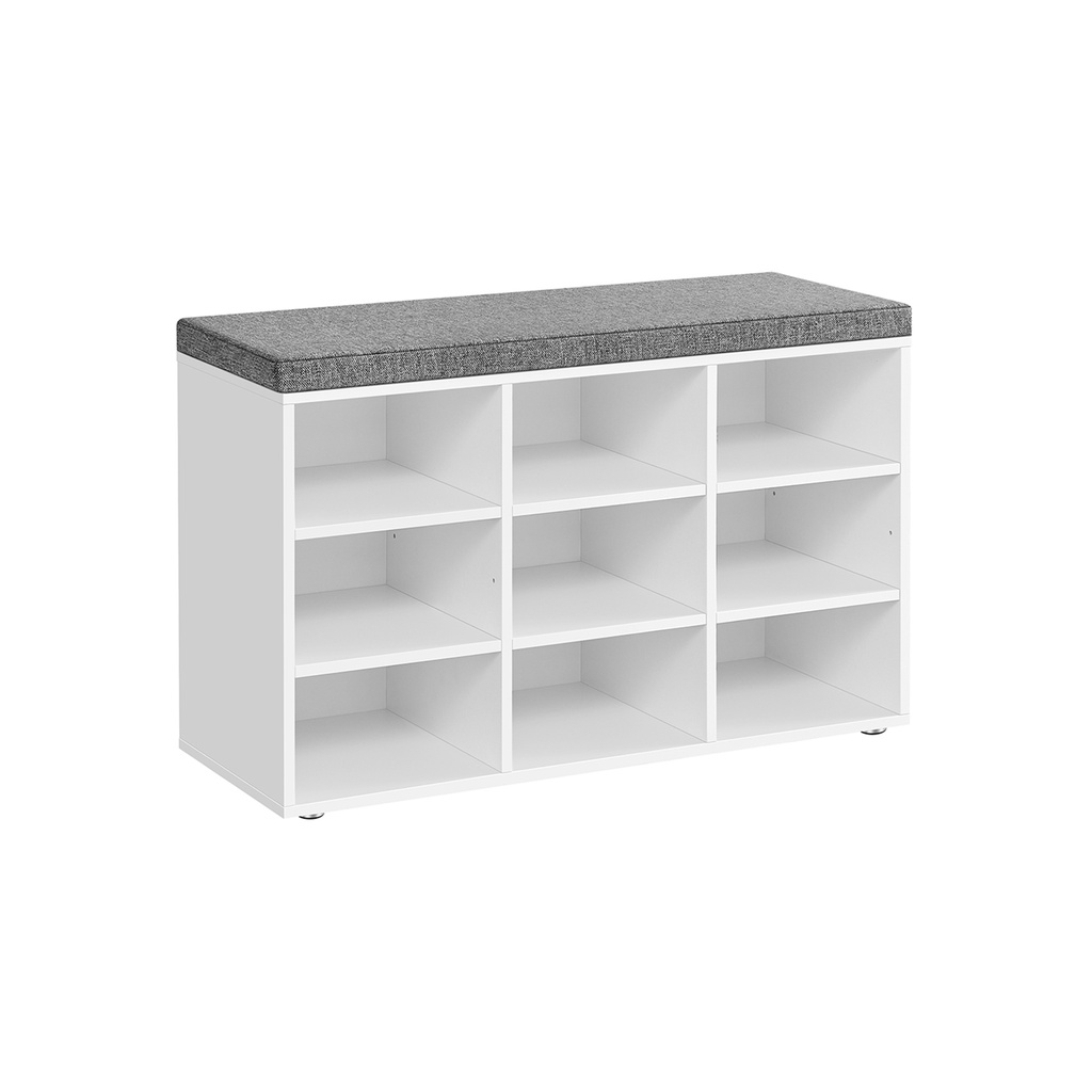 VASAGLE Banc à chaussures avec coussin, banc de rangement avec siège rembourré, banc d'entrée avec 9 compartiments, étagères réglables, pour chambre à coucher, 11,9 x 30,9 x 18,9 pouces, blanc et gris LHS009W14