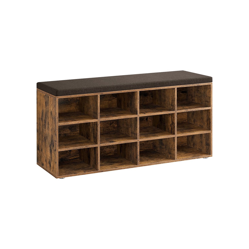 VASAGLE Banc à Chaussures, Banc de Rangement avec Assise Rembourrée, avec Coussin, 12 Compartiments, Etagères Réglables, pour Salon, Couloir, 30,3 x 104 x 48 cm, Marron Rustique LHS012B01