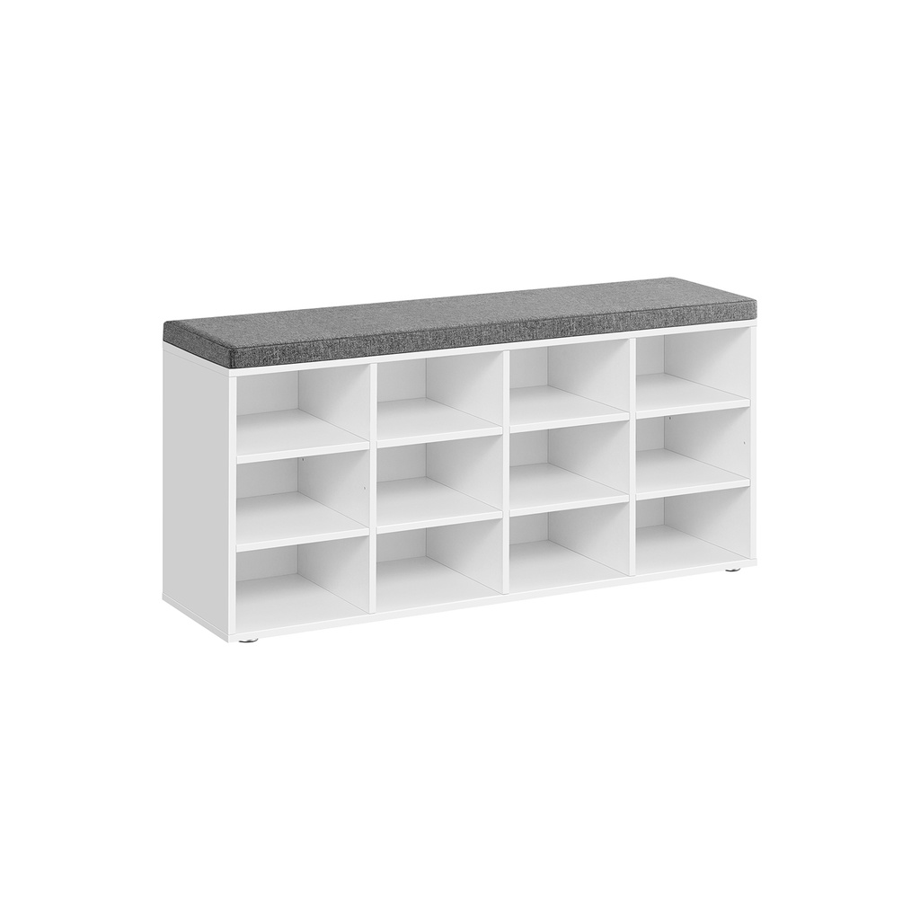 VASAGLE Banc à chaussures avec coussin, banc de rangement avec siège rembourré, banc d'entrée avec 12 compartiments, étagères réglables, pour chambre à coucher, 11,9 x 40,9 x 18,9 pouces, blanc et gris LHS012W14