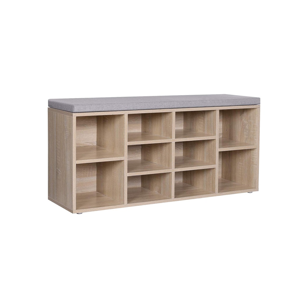 VASAGLE Banc à Chaussures, Étagère à Chaussures, Meuble de Rangement, 10 Compartiments, avec Coussin, pour Entrée, 104 x 30 x 48 cm, Couleur Chêne LHS10NL