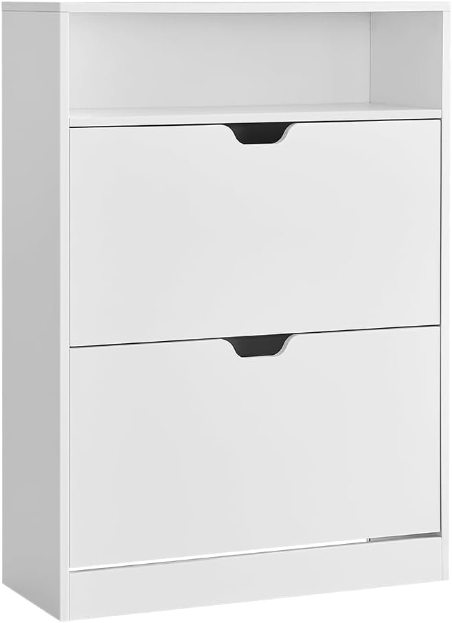 VASAGLE LBC048W01 Étagère à chaussures avec 2 étagères, compartiment ouvert, séparateur réglable, couloir, pour 11 à 16 paires de chaussures, 24 x 80 x 102 cm, blanc nuage