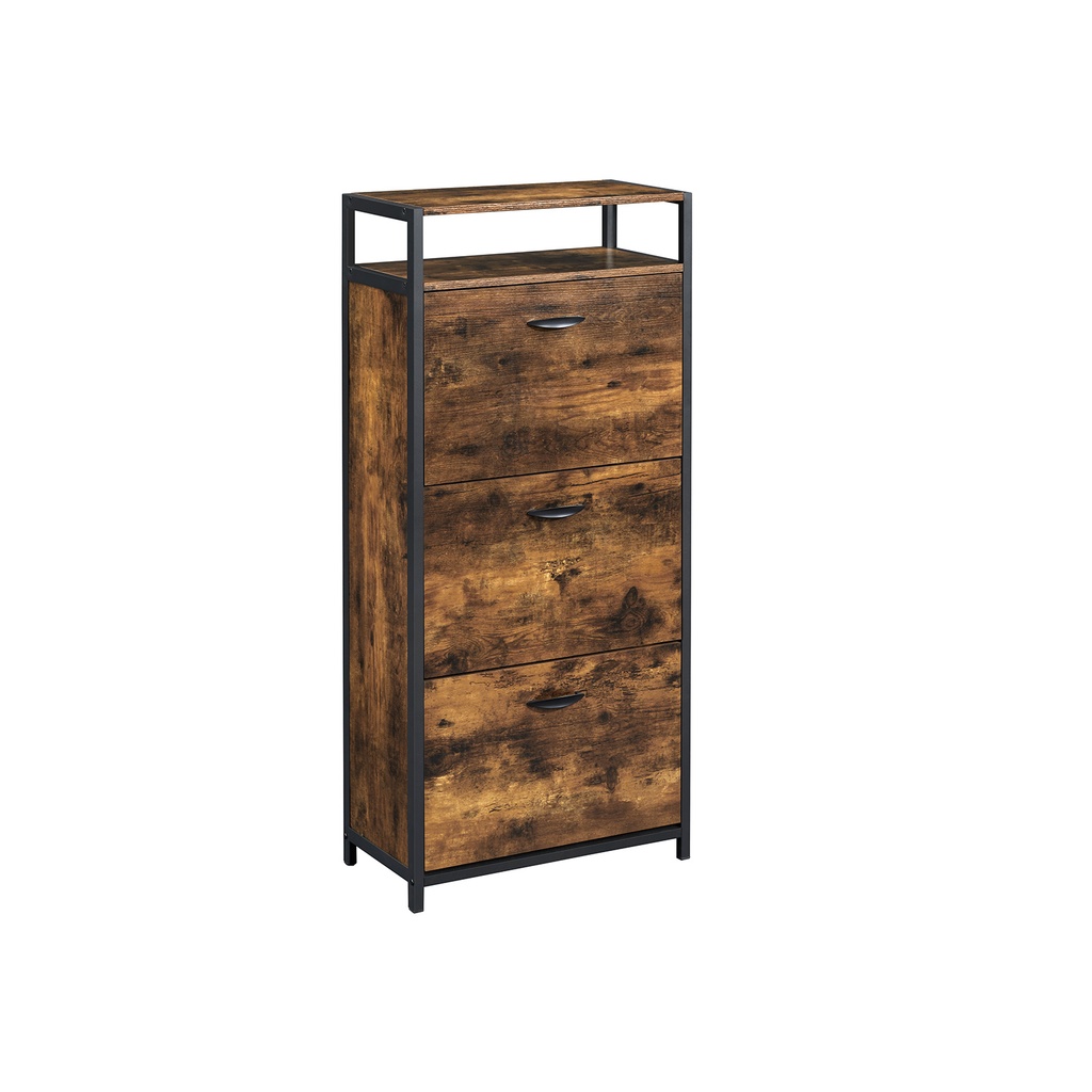 VASAGLE Shoe Cabinet With 3 Flip Doors, Storage Rack with Open Compartment, Internal Dividers, for 15-18 Pairs of Shoes, 60 x 30 x 130 cm, Rustic Brown and Black LBS101B01