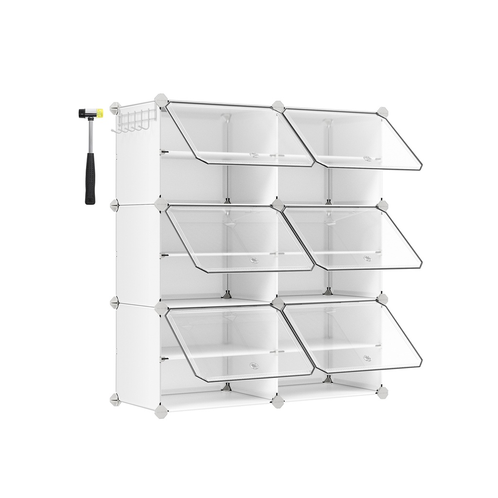 SONGMICS Interlocking Shoe Rack Cabinet, 6-Slot Modular Storage Organiser Unit, 30 x 40 x 30 cm for Each Slot, with Doors, Steel Frame, Plastic Panels, White LPC033W01