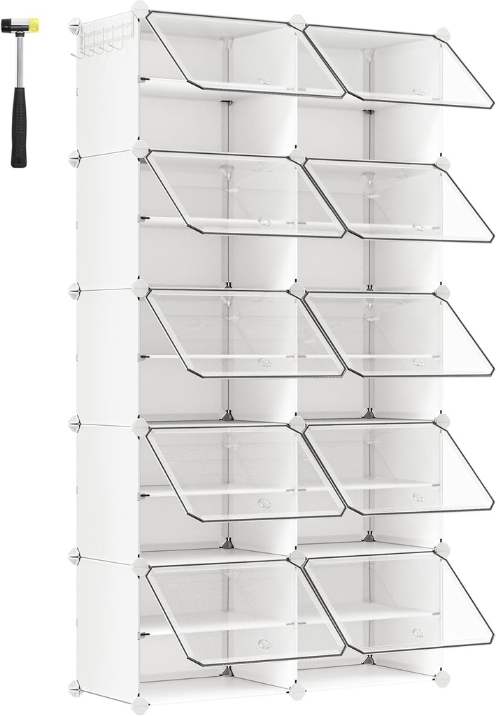 SONGMICS Étagère à chaussures emboîtable, meuble de rangement pour chaussures en plastique, unité de rangement modulaire à 10 emplacements, 30 x 40 x 30 cm pour chaque emplacement, avec portes, cadre en acier, panneaux en plastique, blanc LPC035W01