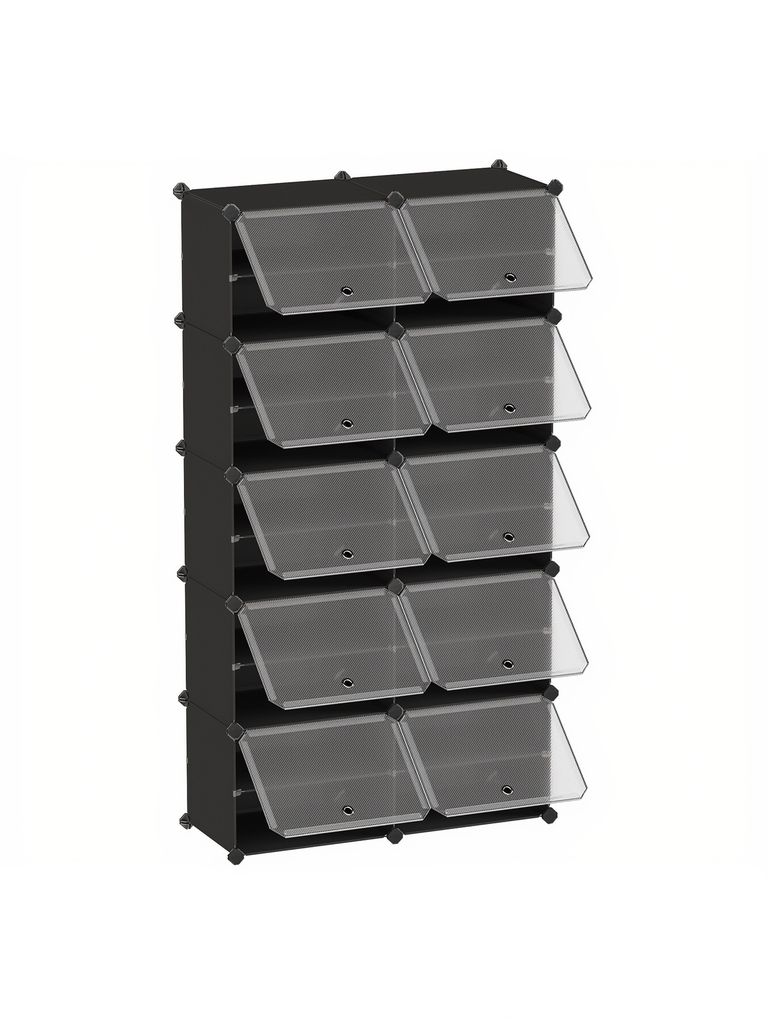 Meuble à chaussures modulaire, organisateur à 10 compartiments avec portes, panneaux en plastique et cadre en acier, entrée, noir