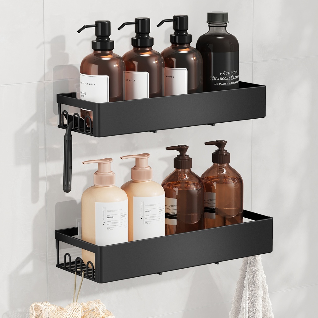 SONGMICS Lot de 2 Étagères Murales de Salle de Bain Autocollantes sans Perçage, 31,5 x 12,5 x 5 cm, Noir