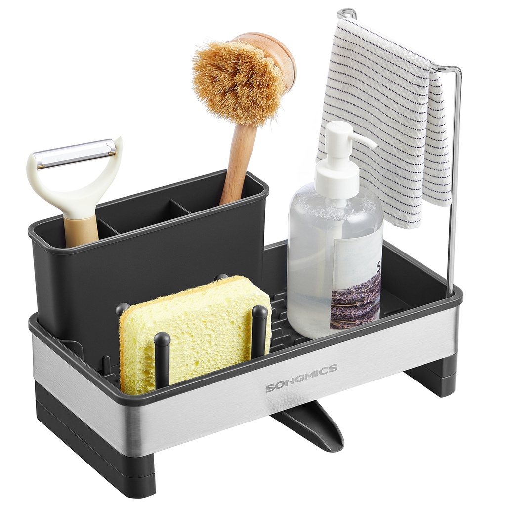 SONGMICS Rangement pour évier de cuisine, organiseur d'évier avec porte-éponge, panier à vaisselle pour brosses, chiffons, savon, acier inoxydable, peu encombrant, bec rotatif, encre noir et argent KCS555BH01