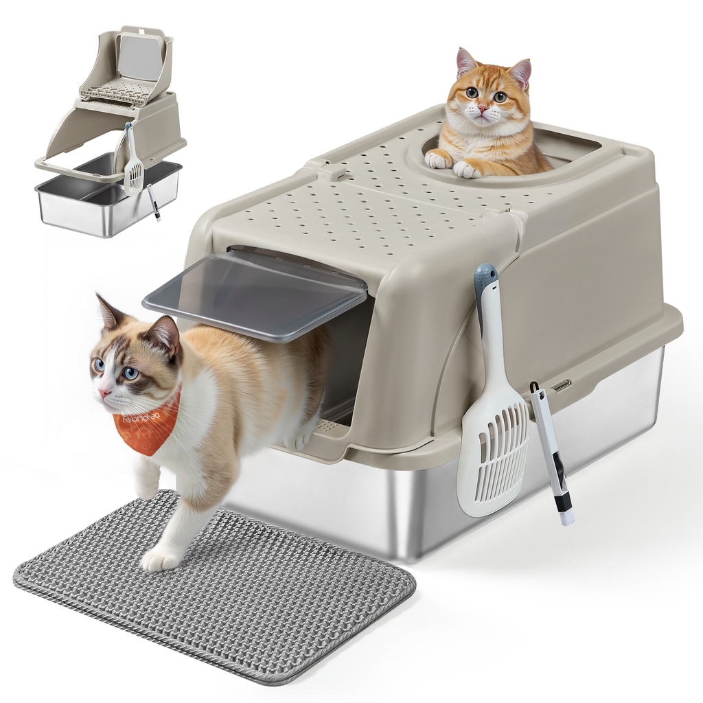 [PPT005K01] Feandrea Bac à litière en acier inoxydable avec couvercle rabattable, litière XL anti-fuite, pelle, brosse, double entrée, pour chats jusqu'à 15 kg, beige cappuccino PPT005K01