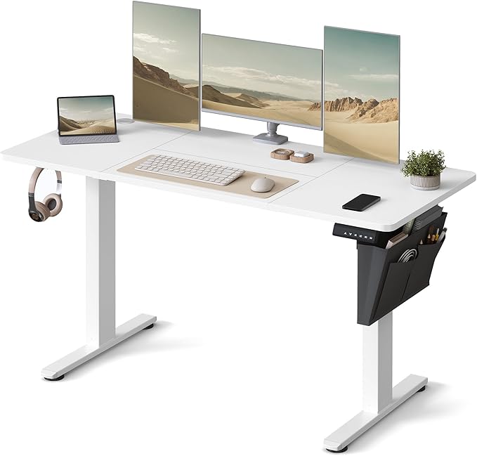 SONGMICS LSD134W01 Bureau électrique réglable en hauteur, 60 x 140 x 72-120 cm, fonction mémoire avec 4 hauteurs, pour bureau à domicile, bureau, blanc nuage
