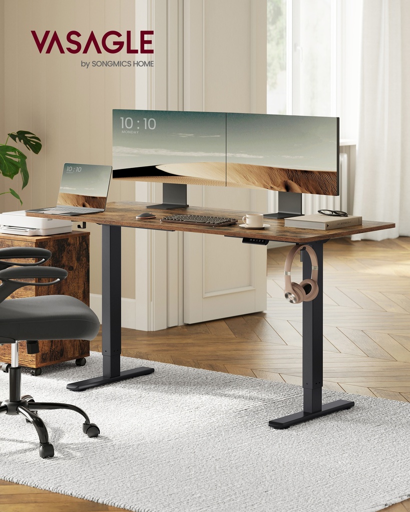 VASAGLE LSD021B01 Cadre de bureau électrique réglable en hauteur, support de bureau, sans plateau, avec 2 crochets, fonction mémoire avec 3 hauteurs, acier, noir encre