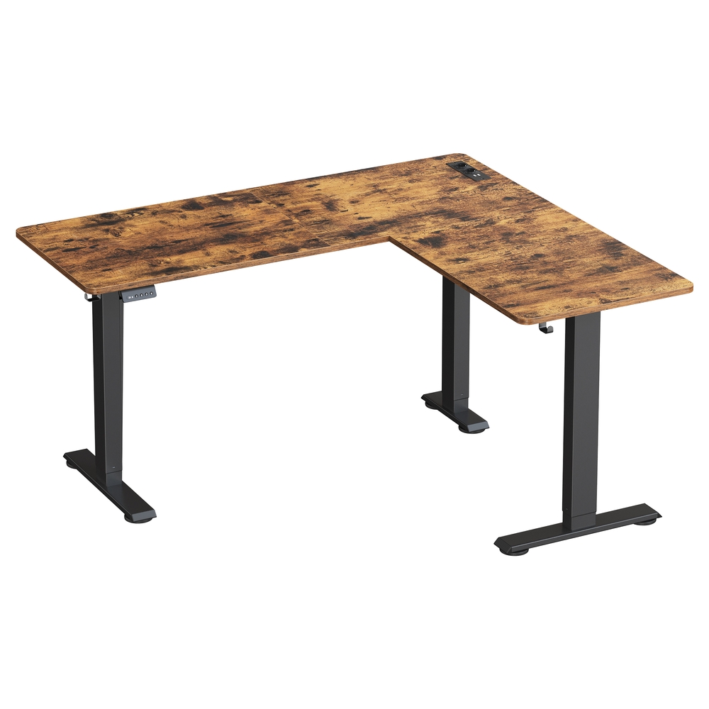 VASAGLE LSD264K01 Bureau d'angle en L réglable en hauteur électrique 140 x 160 cm avec multiprise 2 hauteurs Fonction mémoire pour télétravail, marron rustique et noir encre