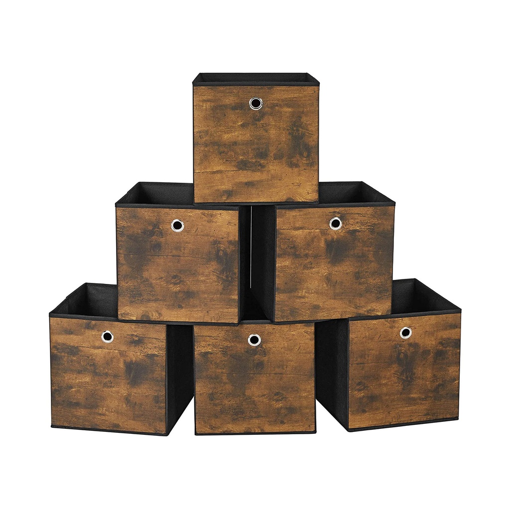 SONGMICS Lot de 6 boîtes de rangement pliables, cubes en tissu avec style rétro, 30 x 30 x 30 cm, marron rustique et noir RFB102B01