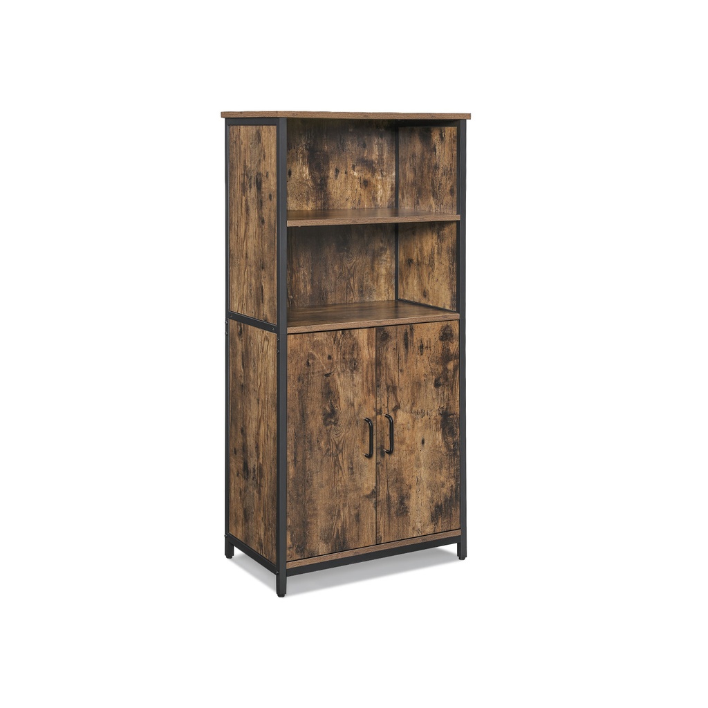 VASAGLE Floor Standing Cabinet, Storage Cabinet, Kitchen Cupboard with 2 Open Compartments, 1 Adjustable Shelf Behind Doors, Multifunctional, Industrial Style, Rustic Brown and Black LSC66BX