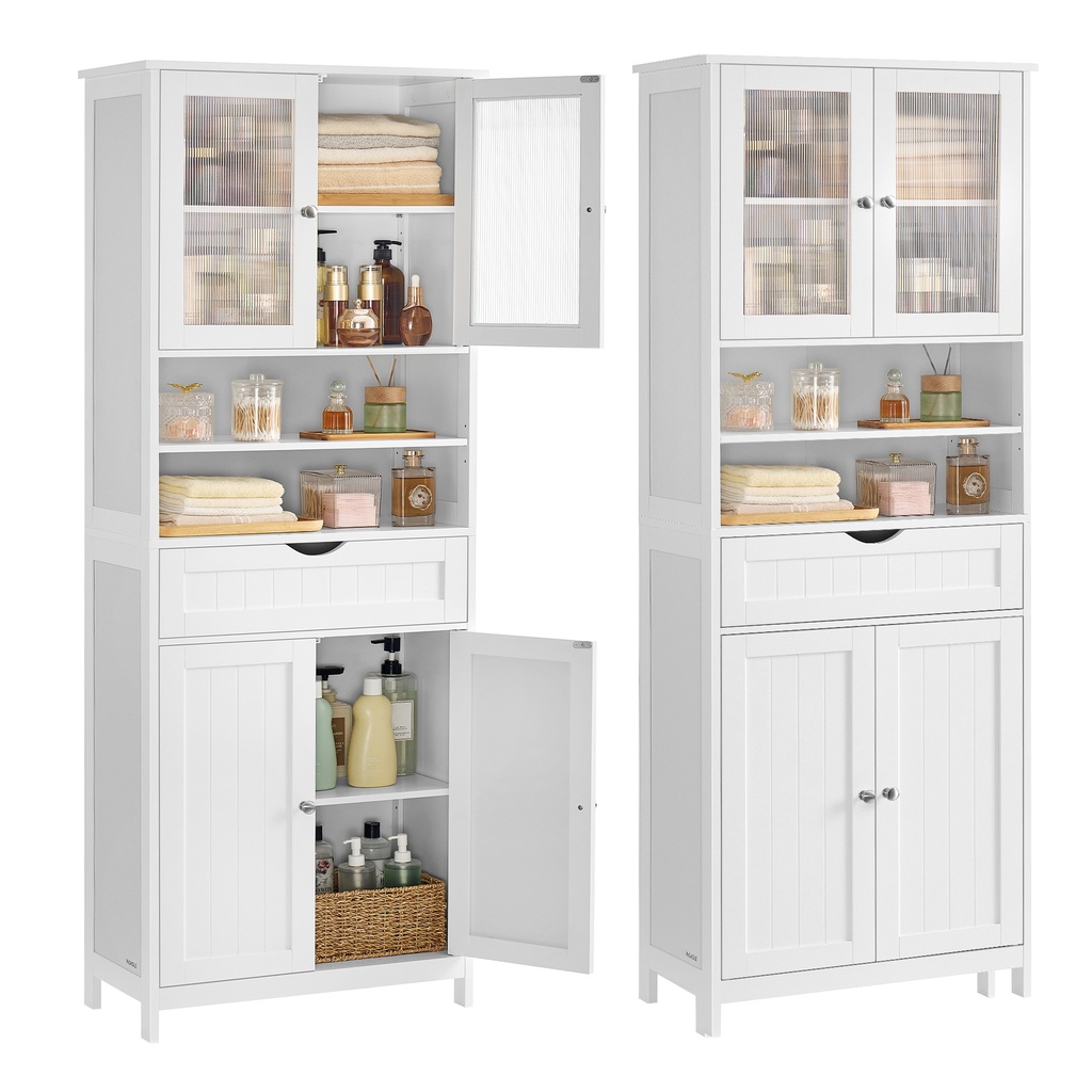 VASAGLE Meuble de Rangement, Meuble de Rangement Autonome pour Salle de Bain avec Étagères Réglables, Tiroir, Compartiments Ouverts, pour Salle de Bain, Salon, Cuisine, Blanc Nuage UBBC768W01