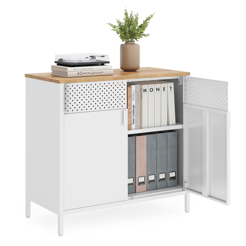 SONGMICS Storage Cabinet, Metal Cabinet with Double Doors, Magnetic Closure, Adjustable Shelf, Steel Frame, Natural and White LSC102W57