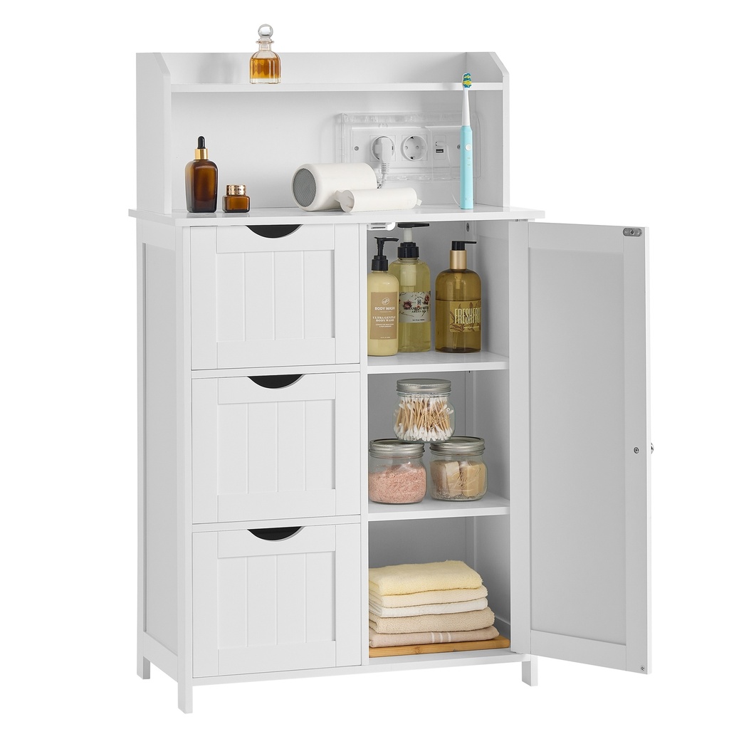 VASAGLE Meuble de Salle de Bain sur Pied avec Porte Multiprise Tiroirs Meuble pour Papier Toilette Meuble de Toilette Etagères Ajustables 30 x 60 x 100 cm Blanc Nuage BBC775W03