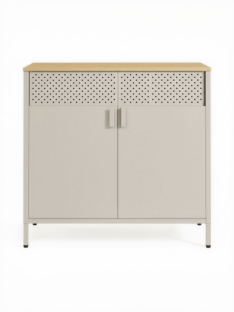 SONGMICS Storage Cabinet, Metal Cabinet, with Double Door, Magnetic Closure, Adjustable Shelf, Steel Frame, 80 x 40 x 76 cm, Light Khaki and Light Oak LSC102L01